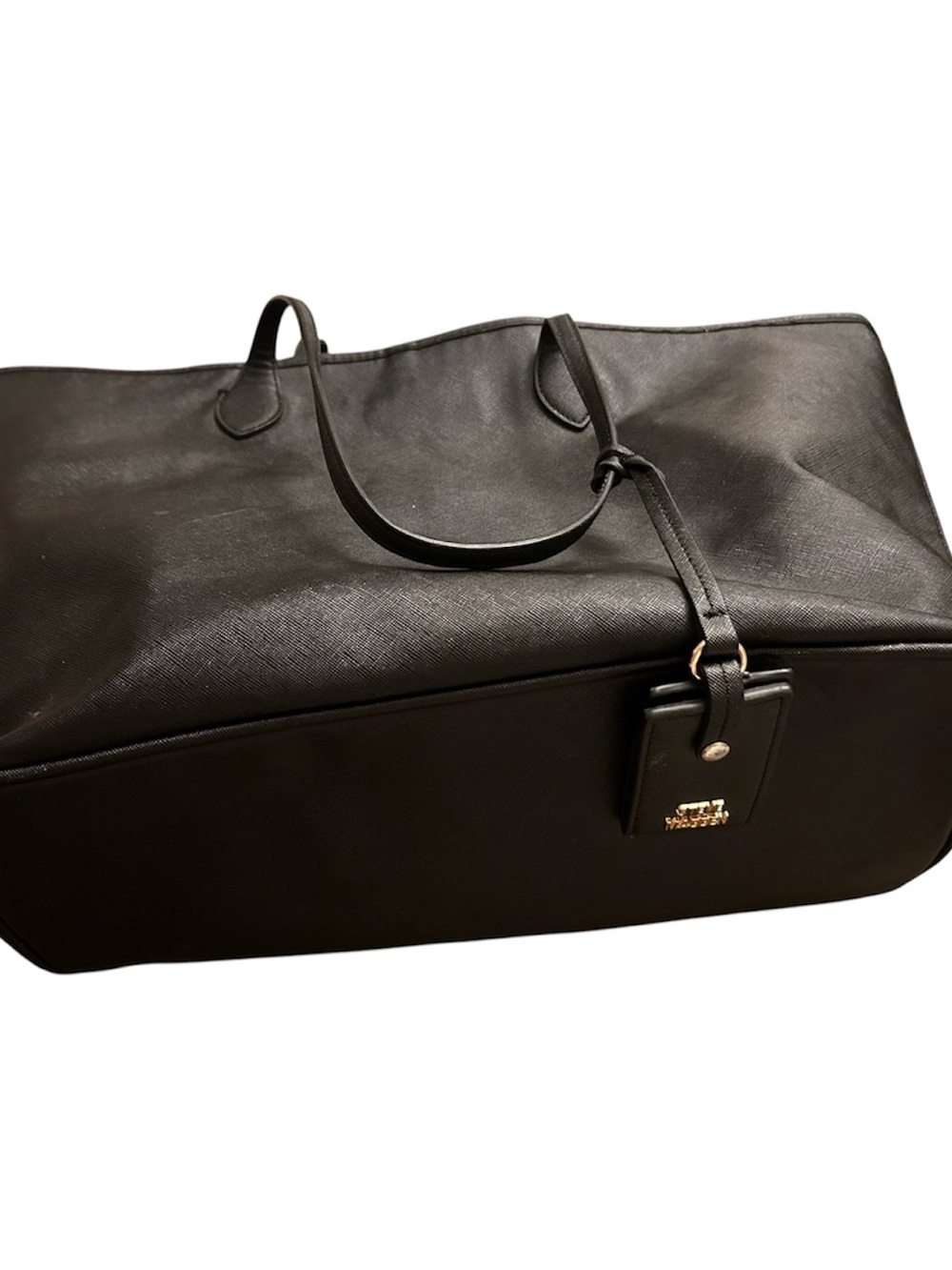 Steve Madden Black Leather Duffel Bag with Gold-Tone Tag